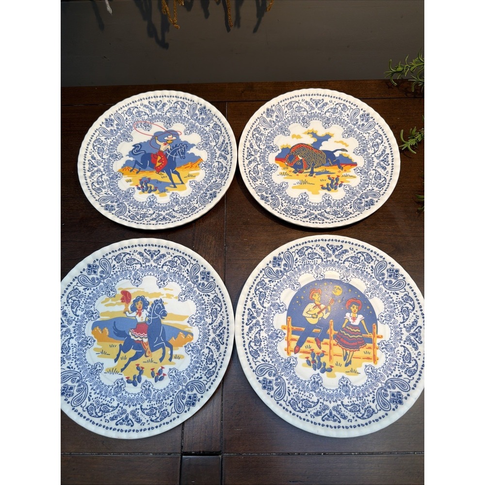 Western Style Melamine Plates Cowboy / Girl/ Bull/ Horse Set Of 4 , 7.5"